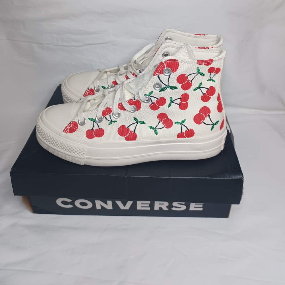 Converse Women's White and Red High-Top Sneakers - Picture 3 of 11